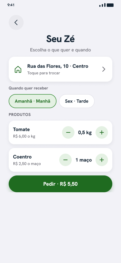 Tela do vendedor Seu Zé com produtos e horário