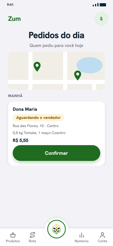 Pedidos do dia com mapa e pedido aguardando